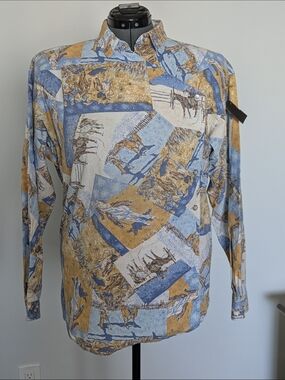 Men's Long-Sleeve Western Print Shirt in Blue & Tan